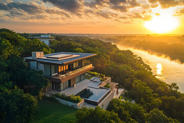 Opulent villa on the riverbank offers panoramic views of lush green landscapes.