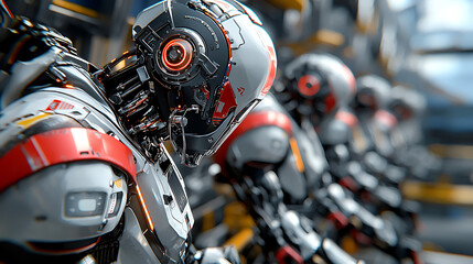 Obraz premium Futuristic robotic assembly line technology hub digital art industrial environment close-up view innovation concept