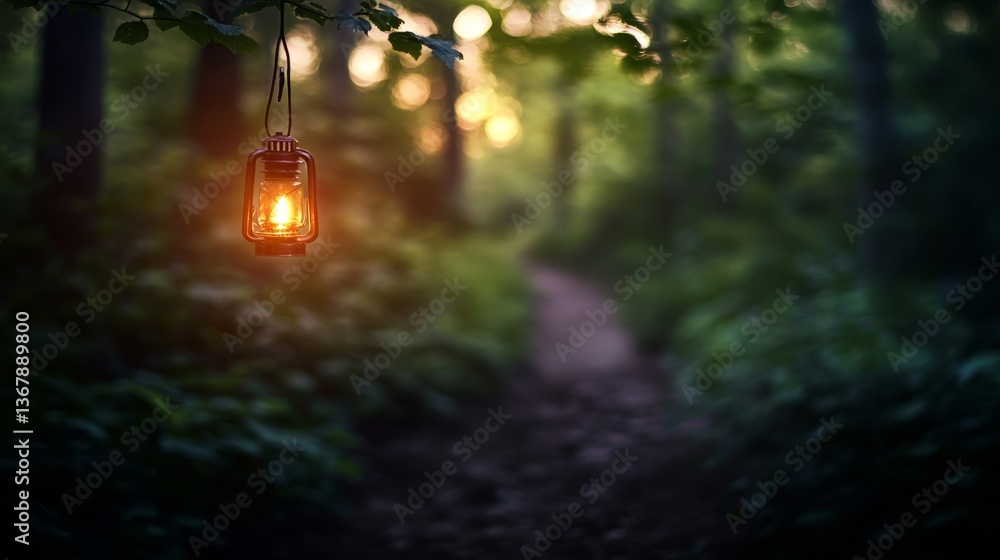Poster A flickering lantern hangs from a branch, casting a warm glow on a narrow dirt path in a dense forest, creating an atmosphere of adventure and mystery