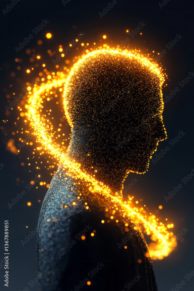 Poster a cosmic ai being composed of glowing gold fractals and data clusters, floating in space,