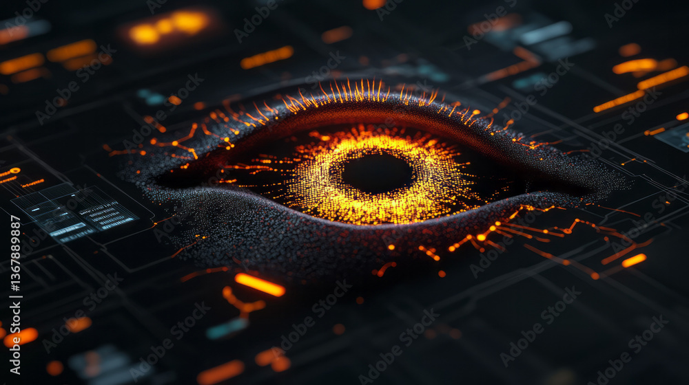 Poster a central ai eye glowing with golden light, surrounded by floating screens showing progress in