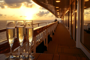 Summer sunset on a luxury cruise ship, capturing the elegance of champagne glasses and warm golden light on the deck.