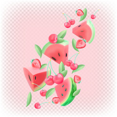 Berry smoothie, juice, dessert, yogurt, salad. Vector 3d composition of watermelon, strawberry, cherry and mint.