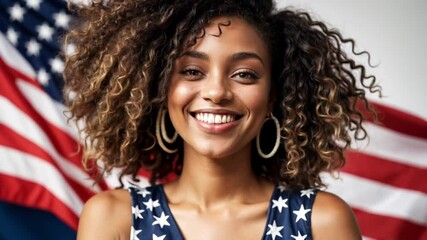 A portrait of a young, beautiful Afro-American woman with curly hair in front of the U.S. flag.
- Powered by Adobe