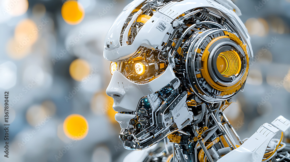 Poster exploring robotic innovation futuristic lab conceptual art high-tech environment close-up view artif