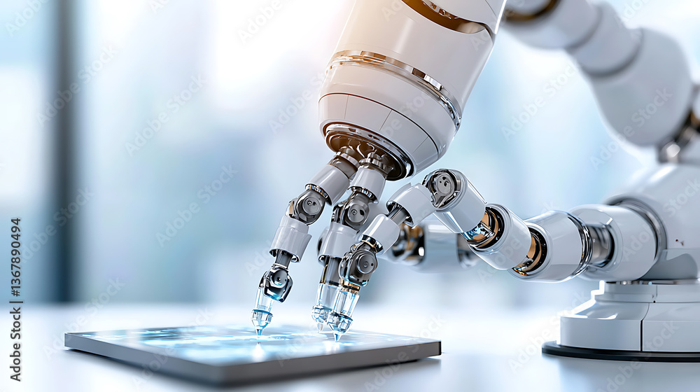 Poster robotic arm manipulating touchscreen device in a modern office environment technology close-up innov