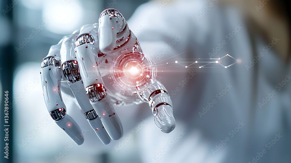 Poster futuristic interaction robotic hand technology lab digital art high-tech environment close-up view i