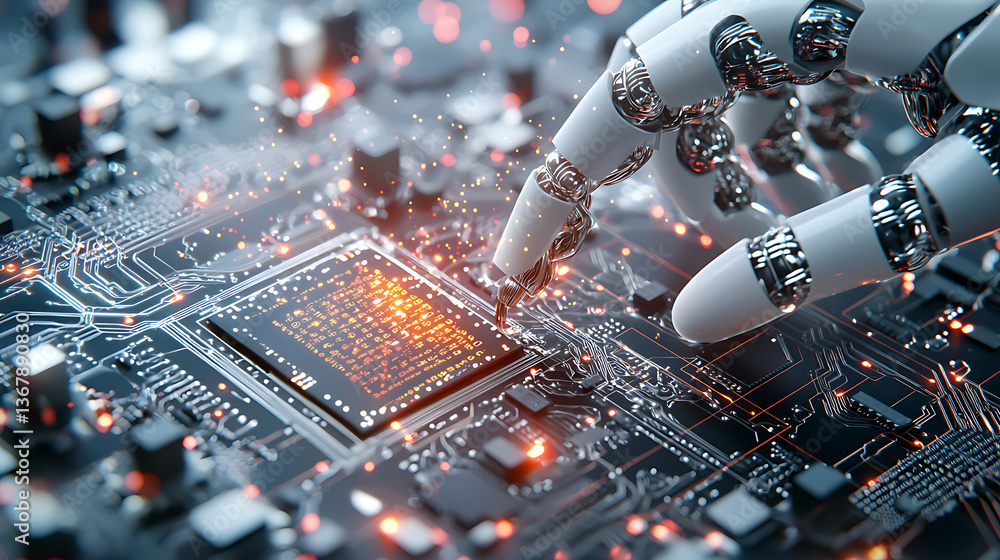Poster robotic automation in technology electronic circuit board digital art futuristic environment close-u