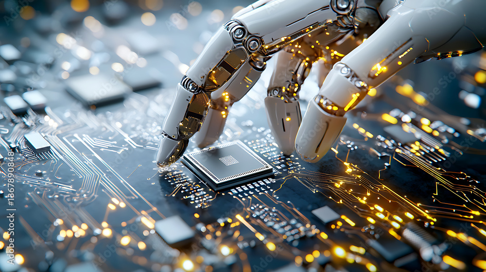 Poster robotic hand interacting with microchip technology tech lab digital art futuristic environment close