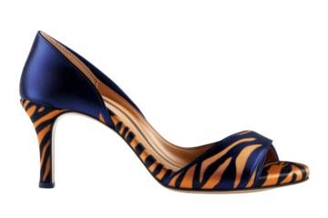 Elegant navy and orange zebra-striped peep-toe heels, a sophisticated statement of style with a sleek silhouette against a bright white background.