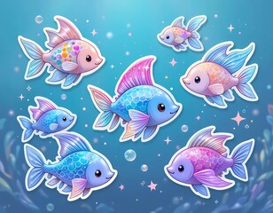 Fototapeta premium Cute Cartoon Fish Stickers Set in Pastel Colors