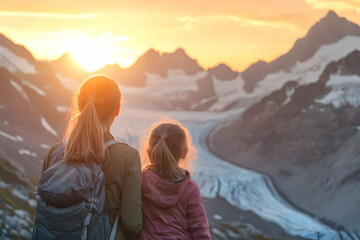 A mother and daughter enjoy breathtaking views of mountains and glaciers at sunset, soaking in the warmth of the evening sun.