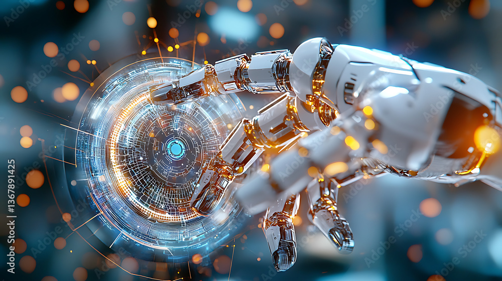 Poster robotic hand interaction with holographic sphere futuristic lab digital art high-tech environment cl