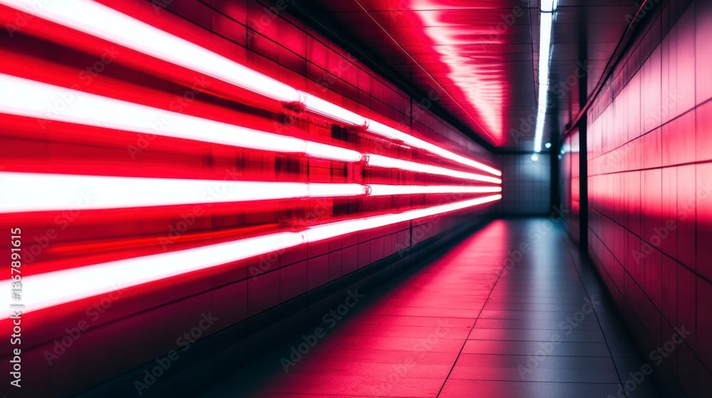 Poster Red neon lights illuminate a modern corridor, creating a vibrant and dynamic atmosphere.