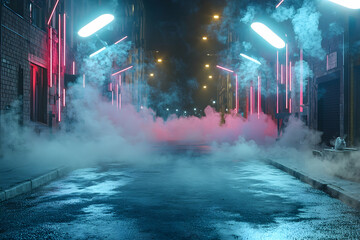 Dark street with neon lights and smoke creates a dramatic setting for product displays in a studio room.