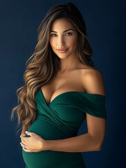 Fototapeta premium A glamorous maternity portrait of a pregnant woman in a green gown, with soft lighting and a navy-blue backdrop, showcasing elegance and confidence