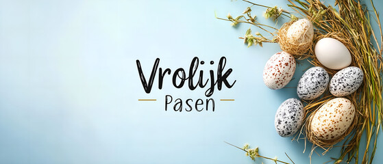 vrolijk pasen! dutch greetings design with calligraphy and easter eggs; top view; blue sky color background in easter holiday spirit