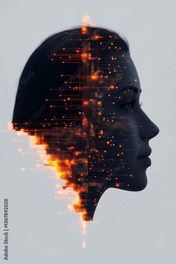 Aufkleber a detailed digital portrait of a human face merging with ai elements like circuits and data