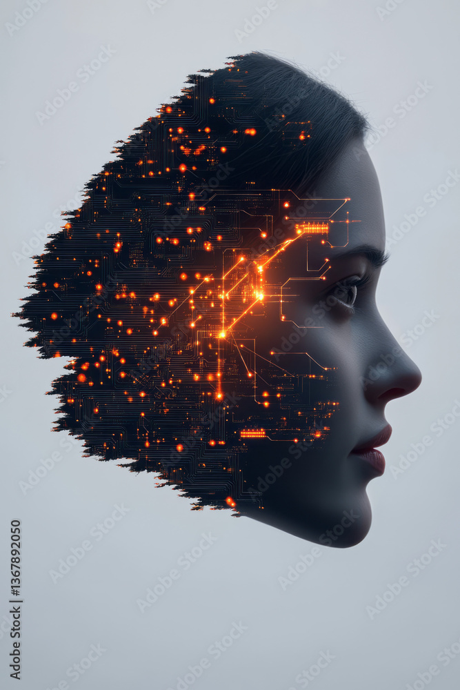 Aufkleber a detailed digital portrait of a human face merging with ai elements like circuits and data