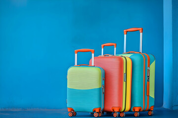 Two colorful suitcases stand against a blue backdrop, ready for a sunny vacation adventure.