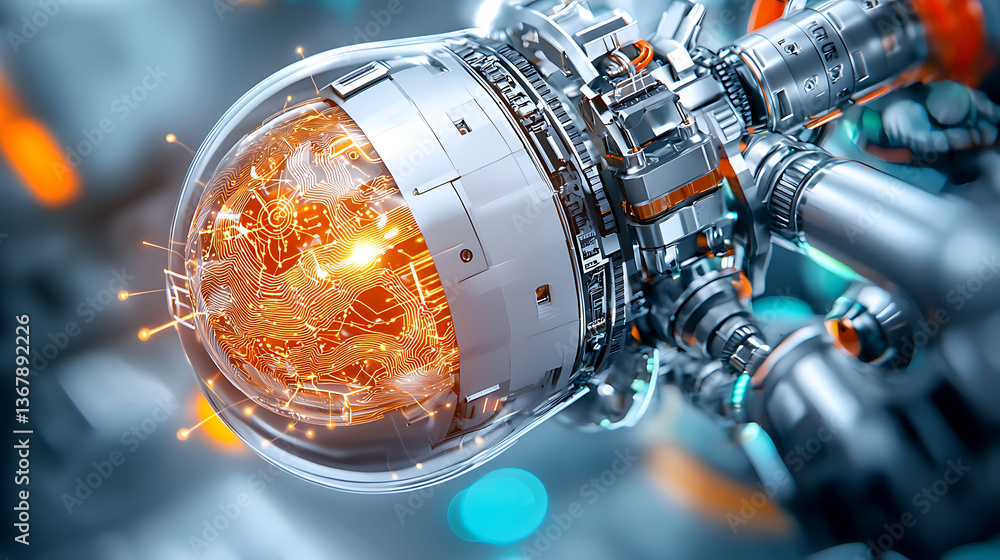 Poster exploring high-tech robotics futuristic laboratory digital art sci-fi close-up innovation insights