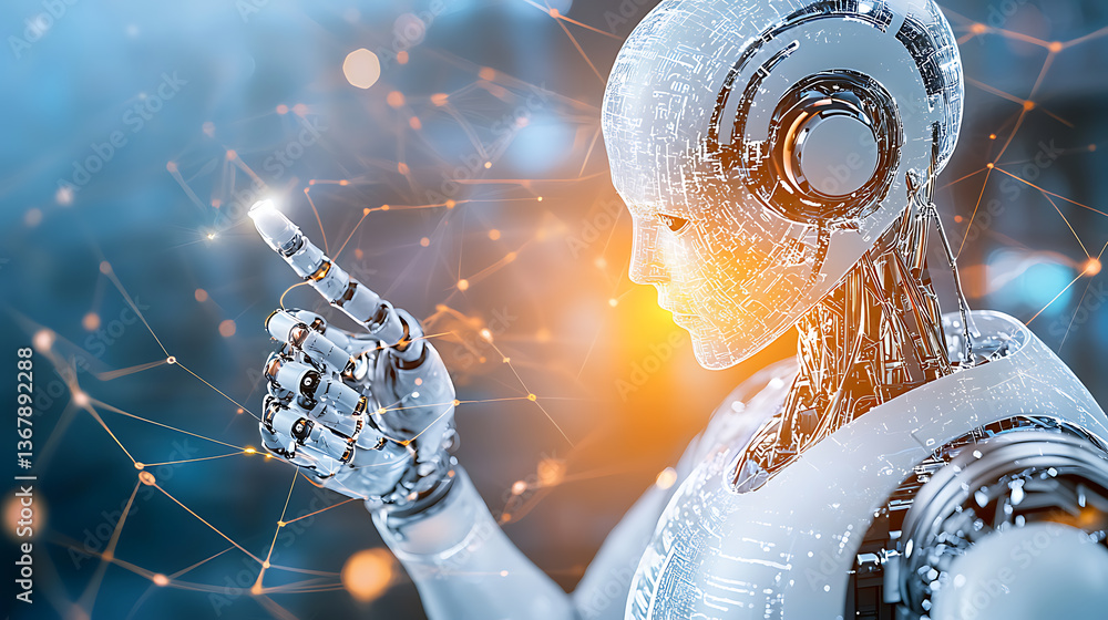 Aufkleber robotic interaction in futuristic technology virtual environment digital art sci-fi concept close-up