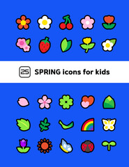 Fototapeta premium Black line icon CUTE season spring icon set for kids