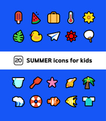 Black line icon CUTE season summer icon set for kids