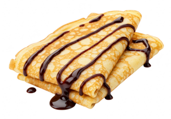 Two folded crepes drizzled with melted dark chocolate isolated on transparent background