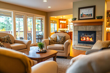 Inviting home interior with warm lighting and comfortable furniture, perfect for a relaxing atmosphere.