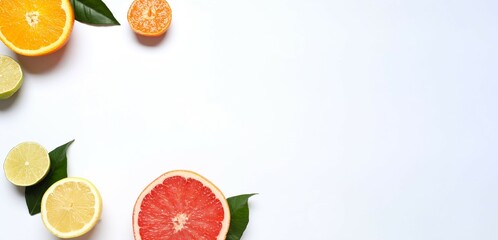 Tropical fruits on a white background. Summer concept. Flat lay, top view, copy space