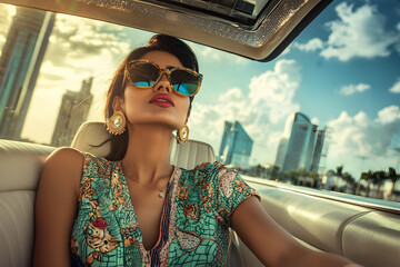 A stylish Indian woman enjoys a luxurious ride in a limousine, taking in the city views from a high vantage point on a sunny summer morning.
