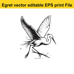 Vector Egret or Heron, standing and flyind