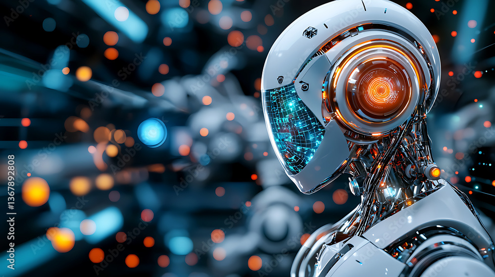 Poster futuristic robot exploration tech lab digital art sci-fi environment close-up view artificial intell