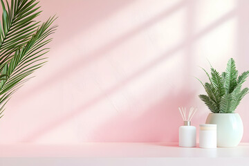 Pastel pink studio table provides a minimalist backdrop for showcasing products.