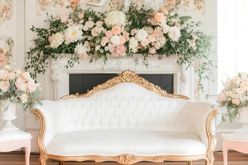 Elegant White and Gold Sofa in a Luxurious Floral Setting. A stunning image perfect for wedding, event, or home decor inspiration.