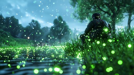 Night Scene Person Sitting by Glowing River with Fireflies