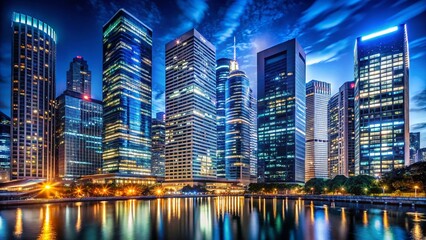 Obraz premium Night Cityscape Business District - Illuminated Skyscrapers and Modern Architecture