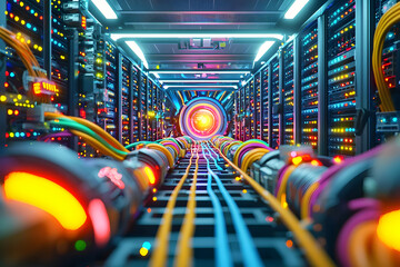 A modern server room with rows of servers, colorful cables, and blinking lights, creating a high-tech and futuristic environment.