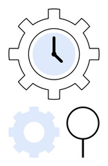 Clock embedded in gear, magnifier, and faded gear highlight time management, productivity, and precision. Ideal for work, organization, efficiency, analysis planning tools flat simple metaphor