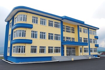 Fototapeta premium Modern architectural building with a blue trim and many windows