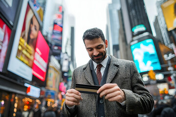 A businessman confidently uses his credit card in a city, with the busy streets adding energy to the backdrop.