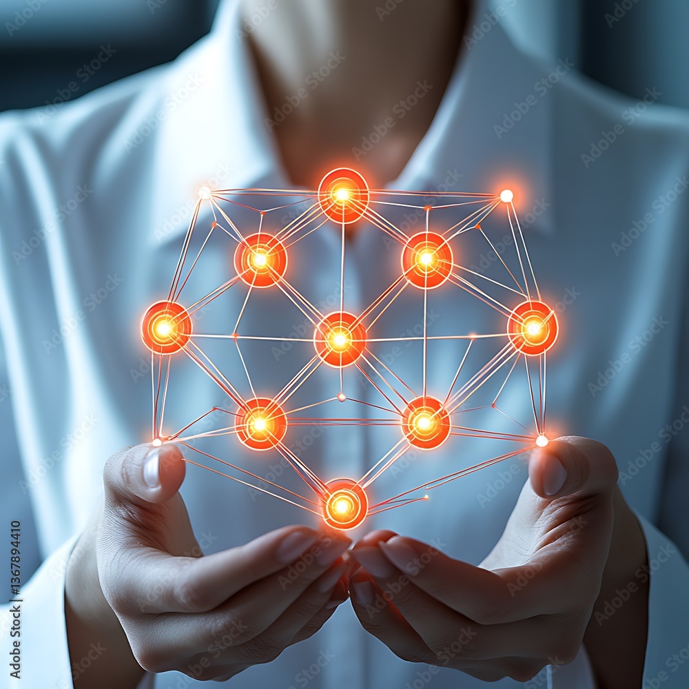 Poster a person holding an illuminated network structure with both hands