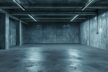 A dimly lit concrete garage with gray walls and industrial aesthetics sets the stage for futuristic designs and product showcases.