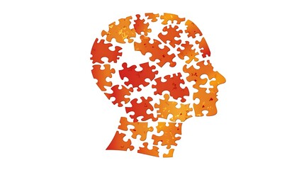 Human head composed of fragmented puzzle pieces