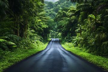 A road disappearing into a dense, tropical jungle, with vibrant greenery and towering trees creating a lush, verdant tunnel