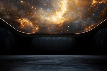 An empty room illuminated by celestial light, featuring a sleek black wall for product displays.