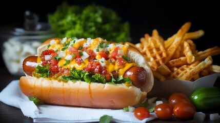 cheese-stuffed hotdog with crispy waffle fries, realistic oil on canvas effect, set on white fabric napkin, juicy and tempting mood