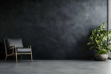 Industrial-style room with a dark gray wall and concrete floor, offering a minimalist backdrop for modern designs.