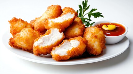 chicken nuggets with ketchup and mustard on the side, hyper-realistic photo style, on a white background, crispy and fresh mood